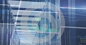 Image of digital screens over data processing and server room