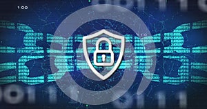 Image of digital shield with padlock and block chain over binary code and navy background
