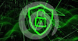Image of digital shield with padlock over black background with green lines