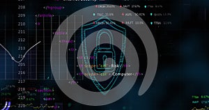 Image of digital shield with padlock over data processing on black background