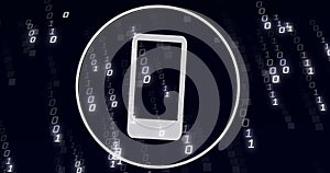 Image of digital smartphone icon, binary coding and data processing