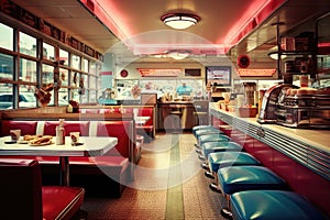 An image of a diner with red and blue booths and tables, A nostalgic scene of a 50Ã¢â‚¬â„¢s American diner, AI Generated