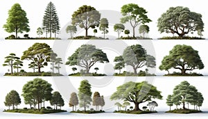 Variety of Tree Species Isolated on White Background Highlighting Unique Shapes and Foliage Patterns photo