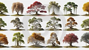 Variety of Tree Species Isolated on White Background Highlighting Unique Shapes and Foliage Patterns photo