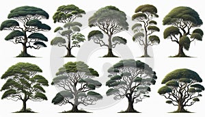 Variety of Tree Species Isolated on White Background Highlighting Unique Shapes and Foliage Patterns photo