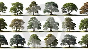 Variety of Tree Species Isolated on White Background Highlighting Unique Shapes and Foliage Patterns photo