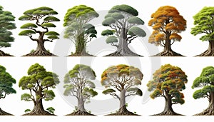 Variety of Tree Species Isolated on White Background Highlighting Unique Shapes and Foliage Patterns photo