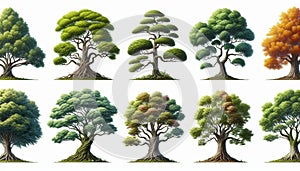 Variety of Tree Species Isolated on White Background Highlighting Unique Shapes and Foliage Patterns photo
