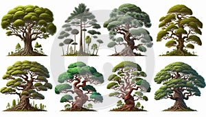 Variety of Tree Species Isolated on White Background Highlighting Unique Shapes and Foliage Patterns photo