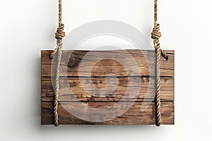 Rustic Wooden Signboard Suspended by Twisted Rope, Ideal for Custom Branding and Vintage Decor. Generative Ai