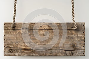 Rustic Wooden Signboard Suspended by Twisted Rope, Ideal for Custom Branding and Vintage Decor. Generative Ai