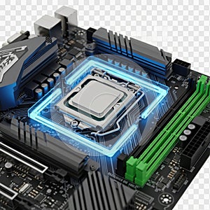 Close-up view of a computer motherboard with cpu socket