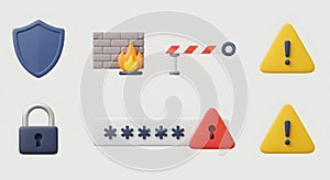 Cybersecurity icons: shield, firewall, padlock, and warnings - ai generated