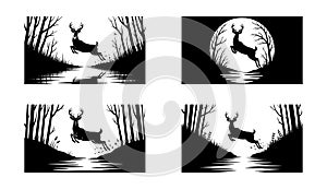 Silhouette of Deer Leaping Over Water in Forest Scenes
