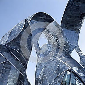 A modern architectural structure with a reflective glass facade and a complex, curvilinear design. photo