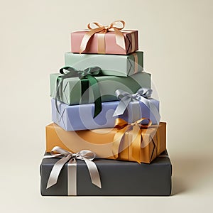 Stack of Colored Gift Boxes with Ribbons