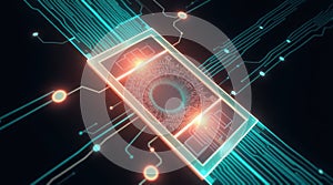 Futuristic Eye Biometric Scanner with Digital Circuitry Background