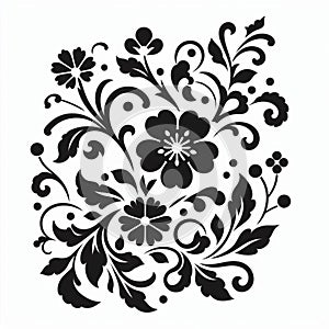 Elegant Black Floral Pattern, a symmetrical floral pattern in black set against a white background photo