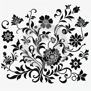 Elegant Black Floral Pattern, a symmetrical floral pattern in black set against a white background photo
