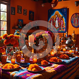 A vibrant and colorful altar setup for the Day of the Dead.