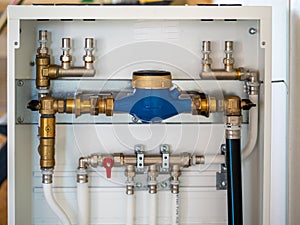 Image of Distributor of central heating. Warm floor heating pump and pipes