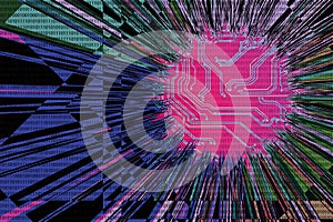 image of diverging symbolic rays in the center of which there is a pad with a printed circuit board