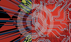 image of diverging symbolic rays in the center of which there is a pad with a printed circuit board