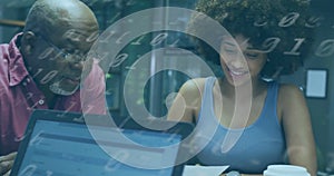 Image of diverse businesspeople in office and binary coding