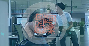 Image of diverse businesspeople in office and qr code