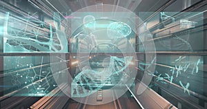 Image of dna, brain and medical data processing on interface screens