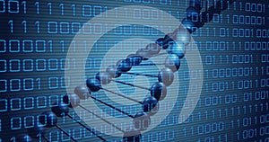 Image of dna rotating over binary code on blue background