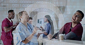 Image of dna strand and binary coding data processing over diverse doctors in hospital