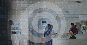 Image of dna strand and binary coding data processing over diverse doctors in hospital