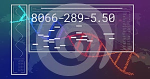 Image of dna strand, data processing on black background