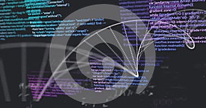Image of dna strand and data processing over dark background