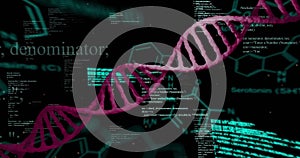Image of dna strand and data processing over dark background
