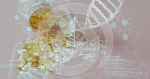 Image of dna strand and data processing over pills