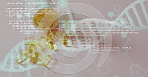 Image of dna strand and data processing over pills