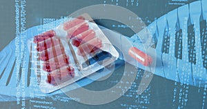 Image of dna strand and data processing over pills