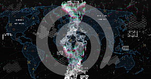 Image of dna strand, data processing and statistics over world map
