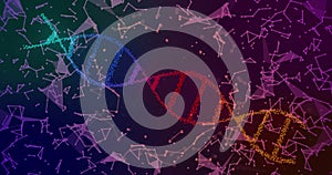 Image of dna strand and digital data processing with connections over black background