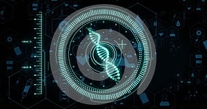 Image of dna strand and digital data processing over black background