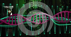 Image of dna strand, light trails and data processing over dark background