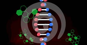 Image of dna strand and medical data processing over black background