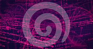 Image of dna strand with molecules over data processing on black background