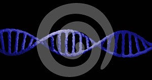 Image of dna strand over data processing on black background