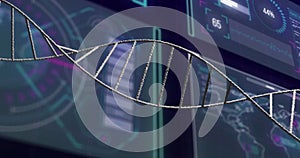 Image of dna strand over data processing on black background