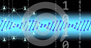 Image of dna strand over data processing and network of connections on black background