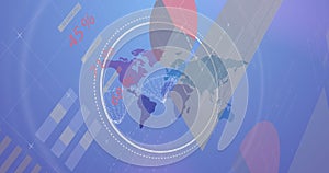 Image of dna strand over data processing and world map