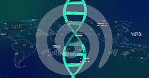 Image of dna strand over data processing and world map